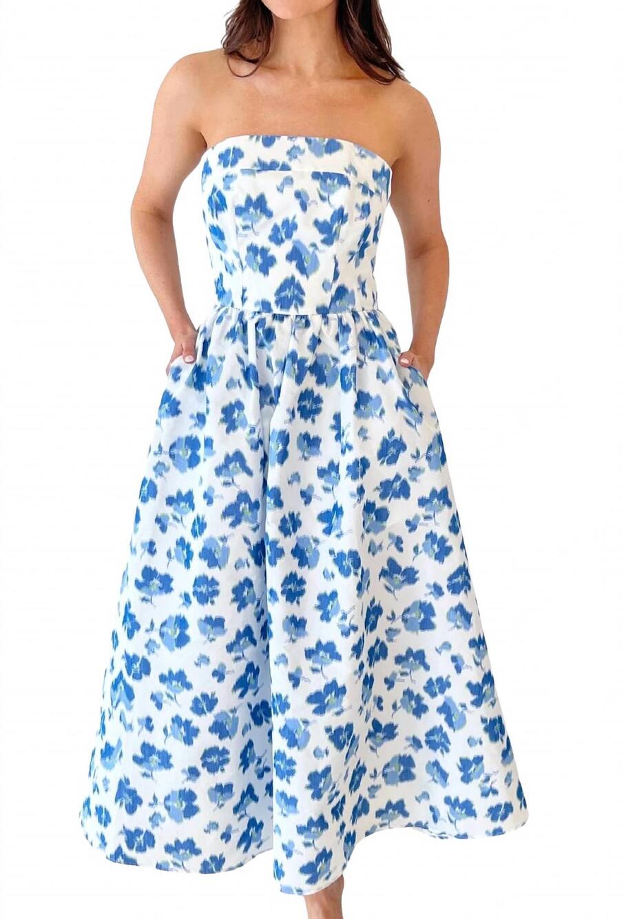 NEW SHOSHANNA dana maxi dress in ivory/cobalt